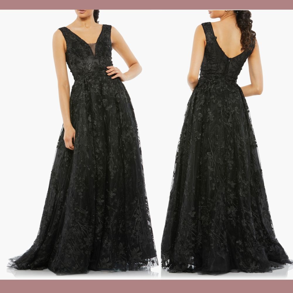 NWT $798 Mac Duggal [ 6 ] Floral Embroidered‎ Illusion V-Neck Gown Black 20131
